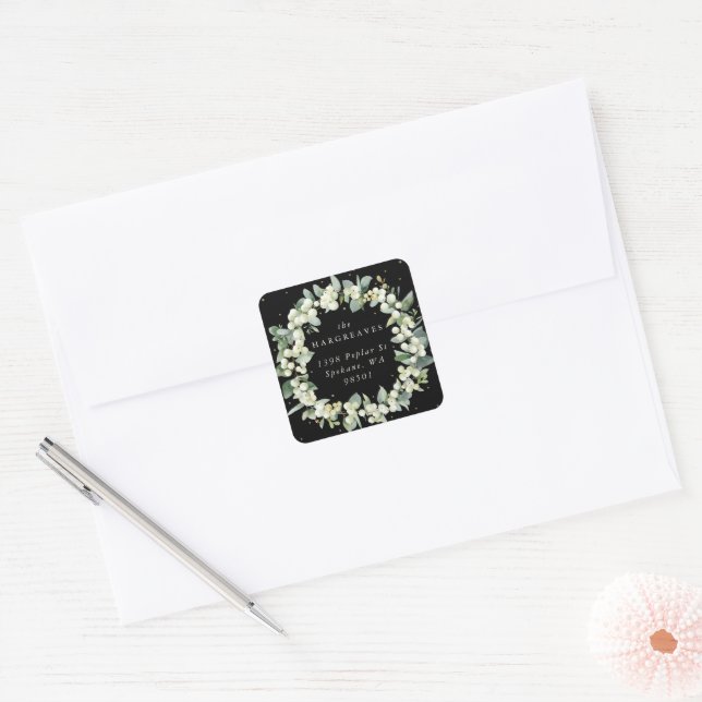 Black Snowberry+Eucalyptus Holiday Wreath Address Square Sticker (Envelope)