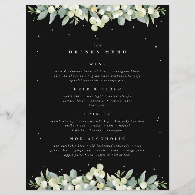 Black Snowberry + Eucalyptus Mariage Boissons Menu (Devant)