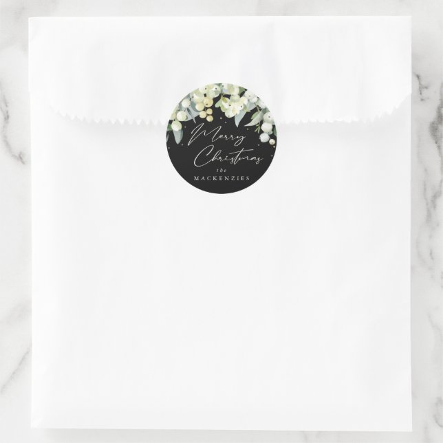 Black Snowberry+Eucalyptus Merry Christmas Custom Classic Round Sticker (Bag)