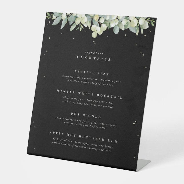 Black Snowberry+Eucalyptus Wedding Drinks Menu Pedestal Sign (Front)