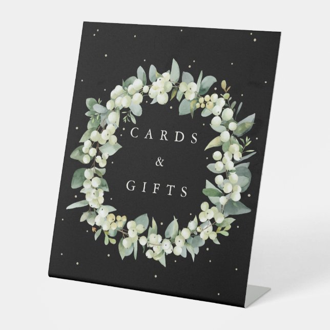 Black Snowberry+Eucalyptus Wedding Gifts + Cards Pedestal Sign (Front)