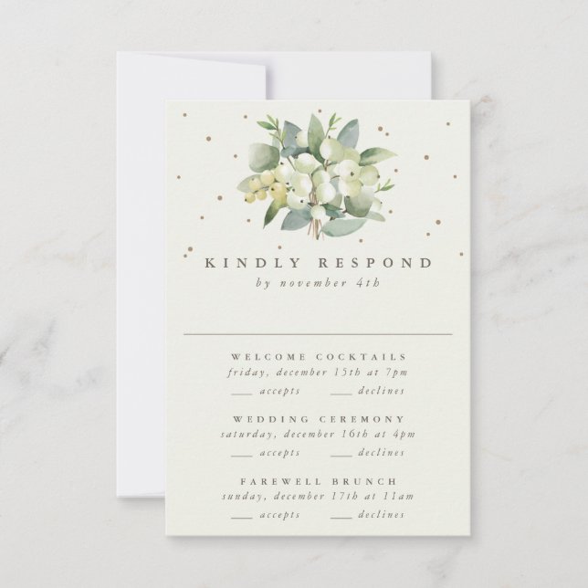 Black Snowberry+Eucalyptus Wedding Multi-Event RSVP Card (Front)