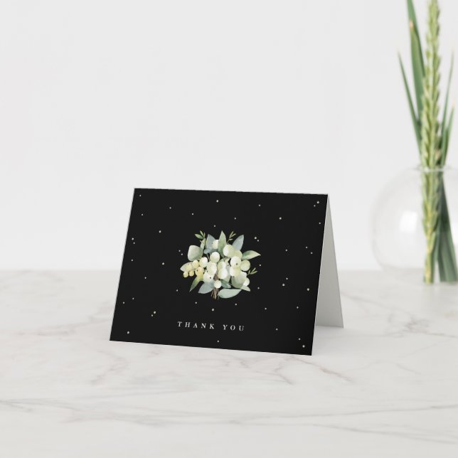 Black Snowberry+Eucalyptus Wedding Note Thank You Card (Front)