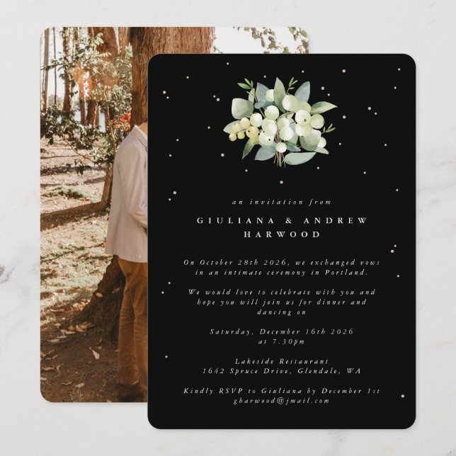 Black Snowberry+Eucalyptus Wedding Reception Photo Invitation (Front/Back)