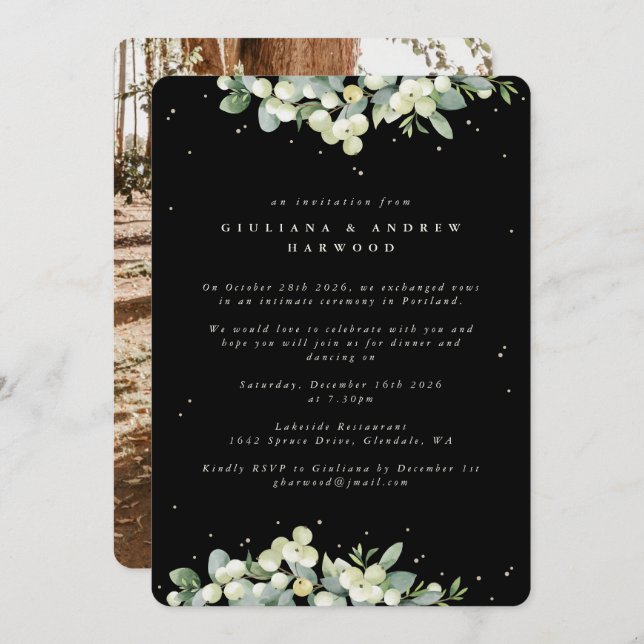 Black Snowberry+Eucalyptus Wedding Reception Photo Invitation (Front/Back)