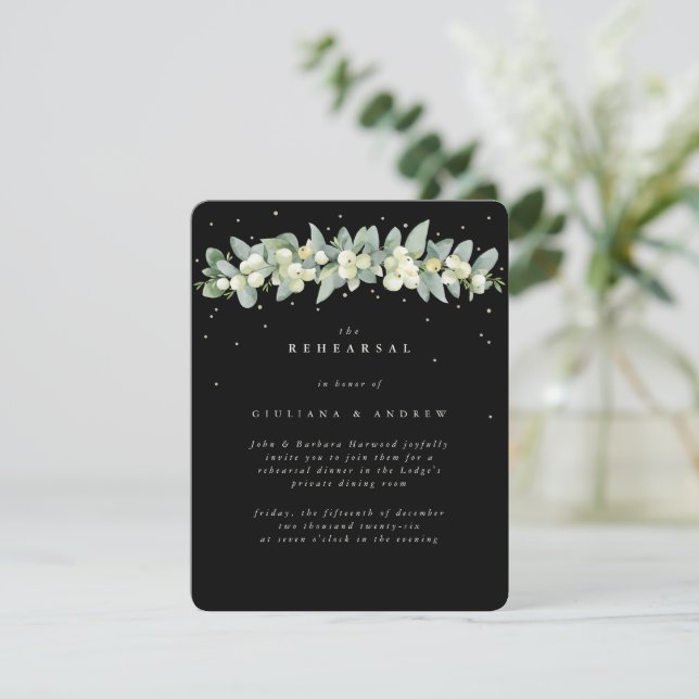 Black Snowberry+Eucalyptus Wedding Rehearsal Enclosure Card (Standing Front)