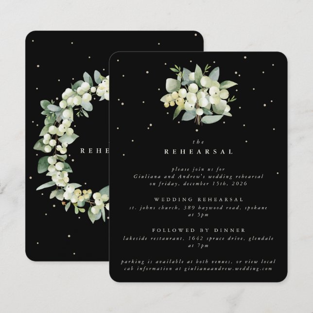 Black Snowberry+Eucalyptus Wedding Rehearsal Enclosure Card (Front/Back)