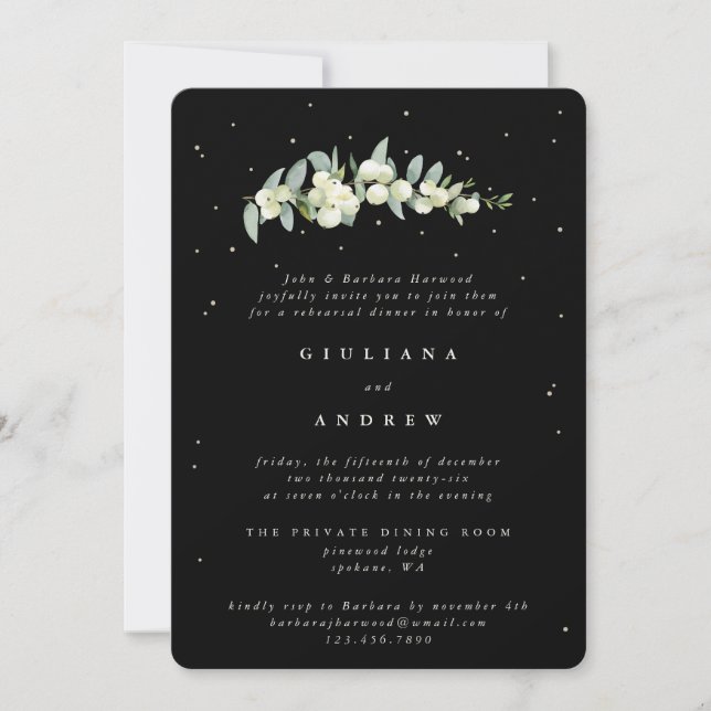 Black Snowberry+Eucalyptus Wedding Rehearsal Invitation (Front)