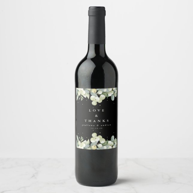 Black Snowberry+Eucalyptus Winter Wedding Wine Label (Front)