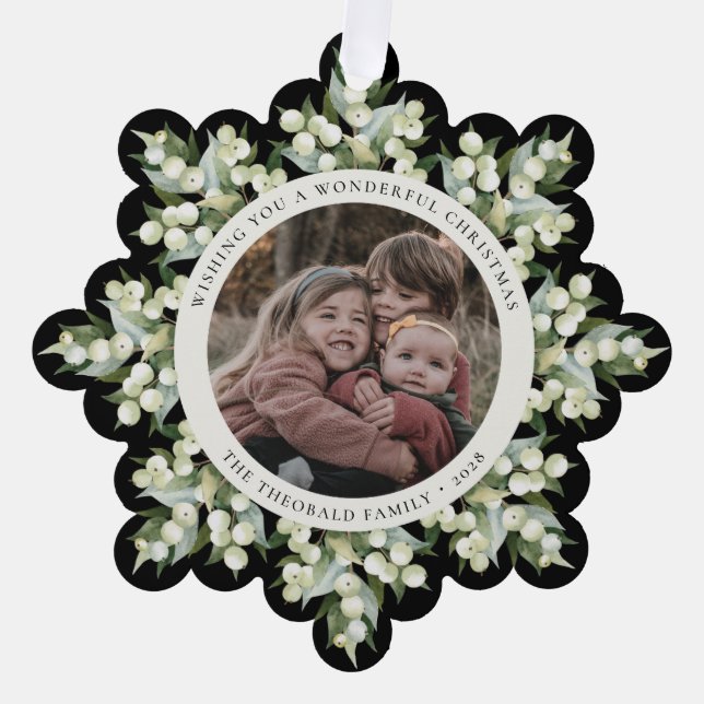 Black Snowberry+Greenery Christmas Paper Ornament Card (Front)