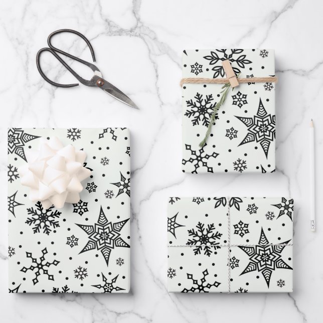Black Snowflakes Christmas Patterns Wrapping Paper (Front)