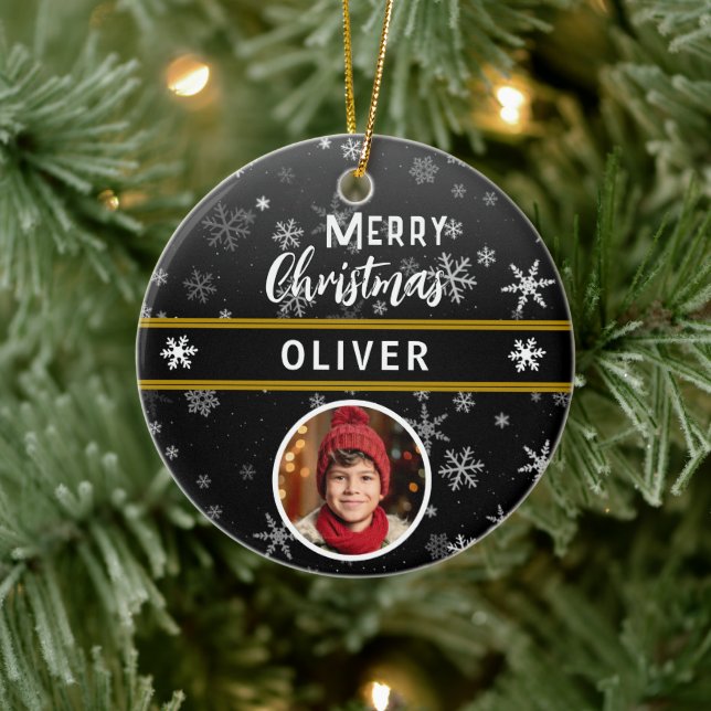 Black Snowflakes Custom Name Merry Christmas Photo Ceramic Ornament (Tree)