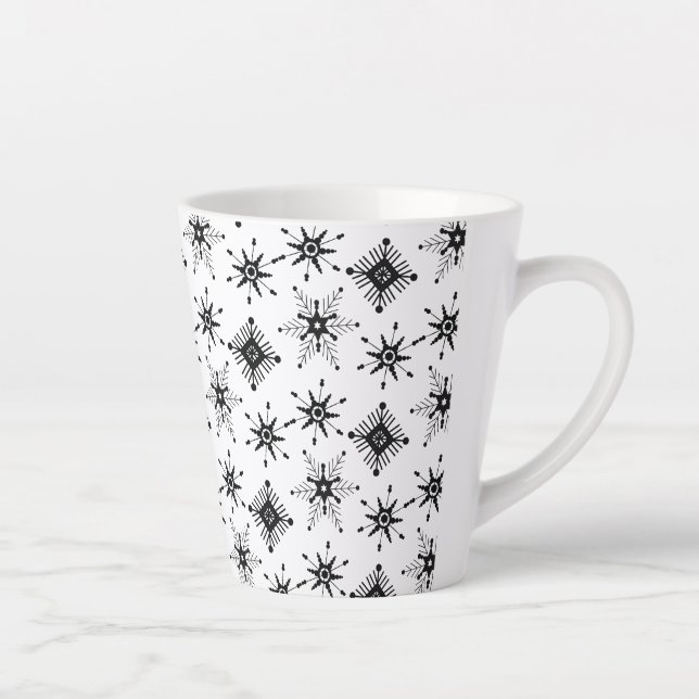 Black Snowflakes Geometrical Bubble Winter Pattern Latte Mug (Right)