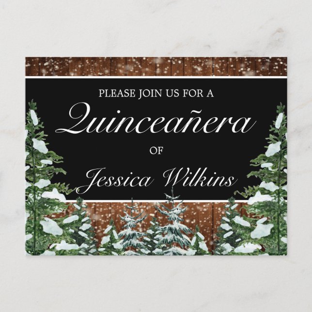 Black Snowy Forest Quinceañera Invitation Postcard (Front)