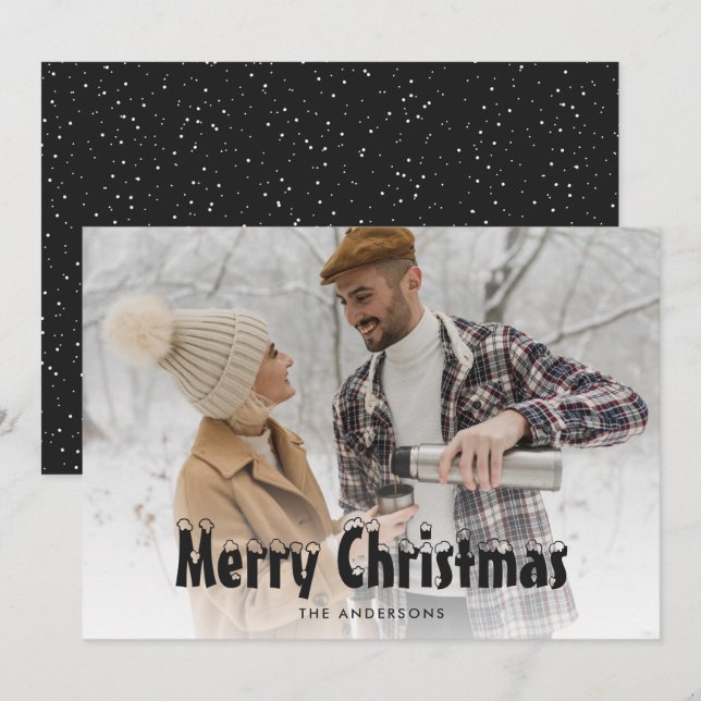 Black Snowy Photo Merry Christmas Cards (Front/Back)
