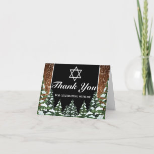 Black Snowy Wood Forest Bar Bat Mitzvah Thank You Card