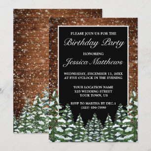 Black Snowy Wood & Forest Country Pine Birthday Invitation
