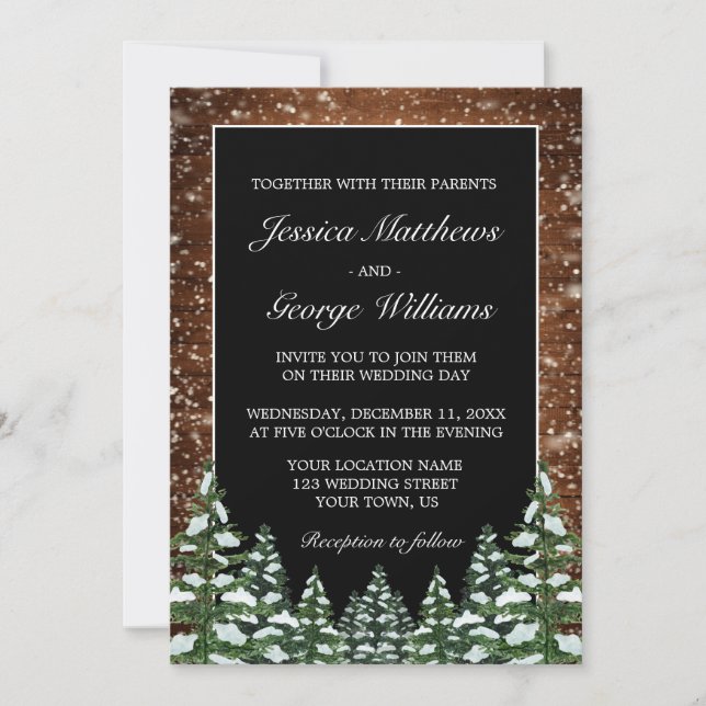 Black Snowy Wood & Forest Country Pine Wedding Invitation (Front)