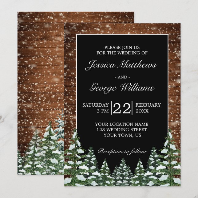 Black Snowy Wood & Forest Country Pine Wedding Invitation (Front/Back)