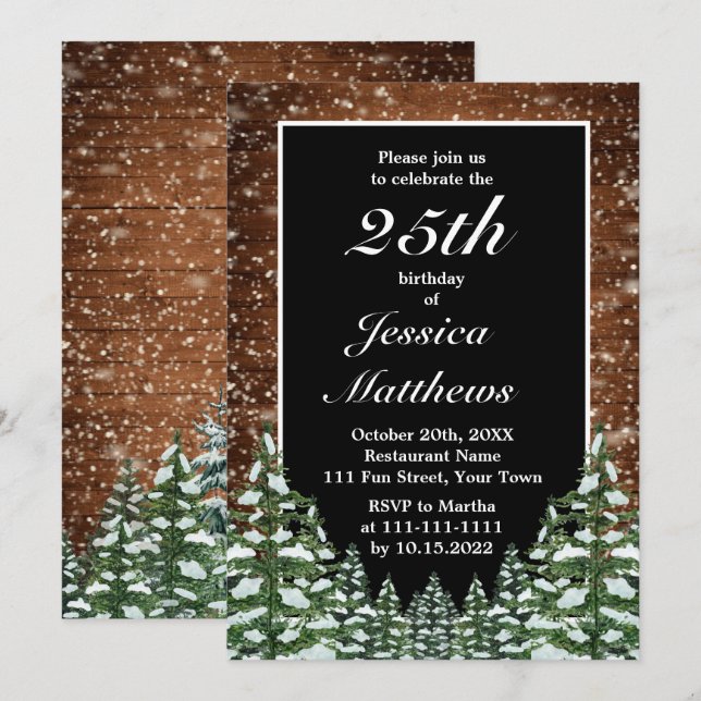 Black Snowy Wood & Forest Custom Birthday Party Invitation (Front/Back)