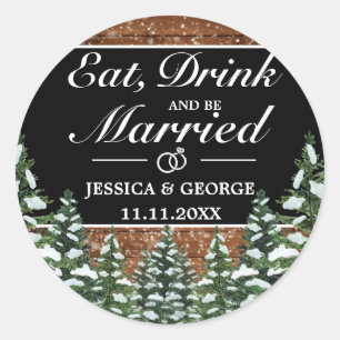 Black Snowy Wood  Forest Eat Drink Married Wedding Classic Round Sticker