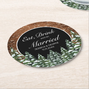 Black Snowy Wood Forest Eat Drink Married Wedding Round Paper Coaster