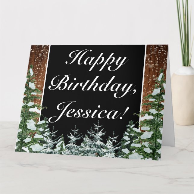 Black Snowy Wood & Forest Happy Birthday Greeting Card (Front)