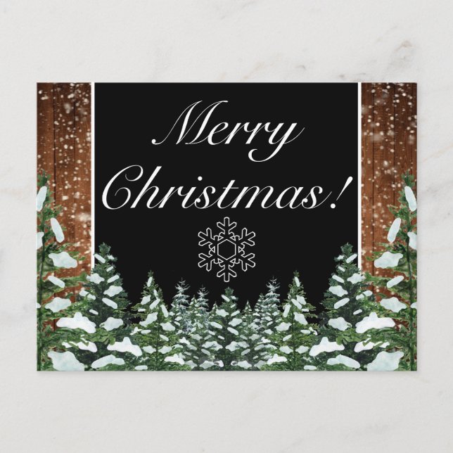 Black Snowy Wood & Forest Merry Christmas Greeting Announcement Postcard (Front)