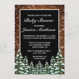 Black Snowy Wood & Forest Pine Baby Shower Invitation