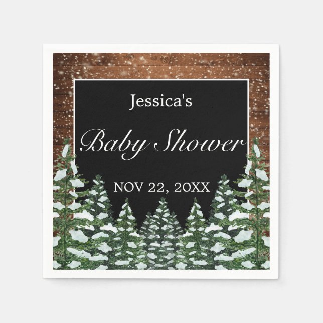 Black Snowy Wood & Forest Pine Baby Shower Napkin (Front)