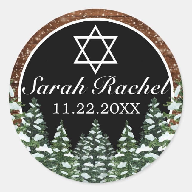 Black Snowy Wood & Forest Pine Bar Bat Mitzvah Classic Round Sticker (Front)