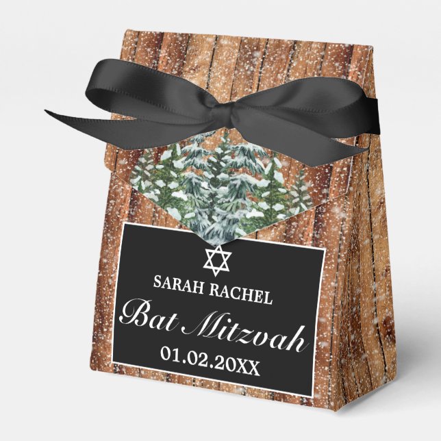 Black Snowy Wood & Forest Pine Bar Bat Mitzvah Favor Box (Front Side)