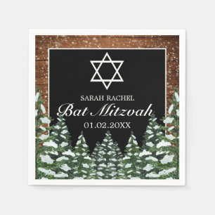 Black Snowy Wood & Forest Pine Bar Bat Mitzvah Napkin