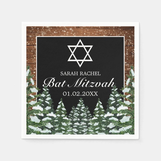 Black Snowy Wood & Forest Pine Bar Bat Mitzvah Napkin (Front)