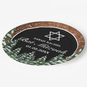 Black Snowy Wood & Forest Pine Bar Bat Mitzvah Paper Plate