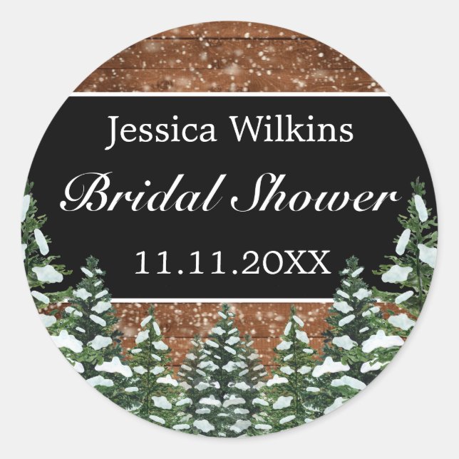Black Snowy Wood & Forest Pine Bridal Shower Classic Round Sticker (Front)