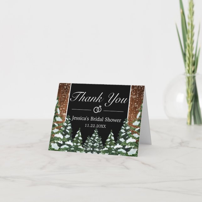 Black Snowy Wood & Forest Pine Bridal Shower Thank You Card (Front)