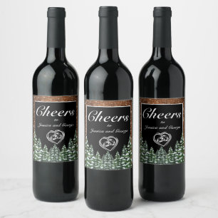 Black Snowy Wood & Forest Pine Cheers Wedding Wine Label
