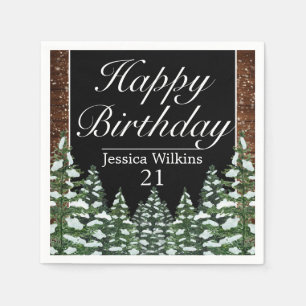 Black Snowy Wood & Forest Pine Happy Birthday Napkin