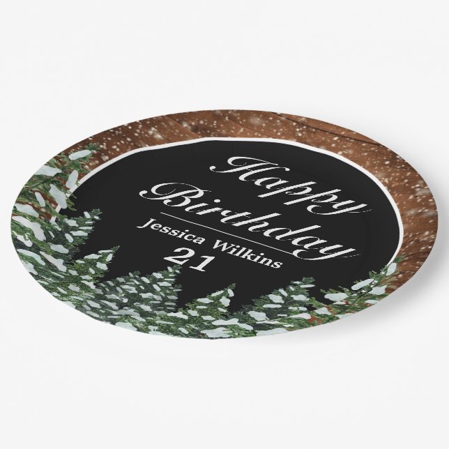 Black Snowy Wood & Forest Pine Happy Birthday Paper Plate (Angled)