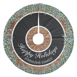 Black Snowy Wood & Forest Pine Happy Holidays Fleece Tree Skirt