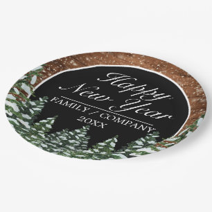 Black Snowy Wood & Forest Pine Happy New Year Paper Plate