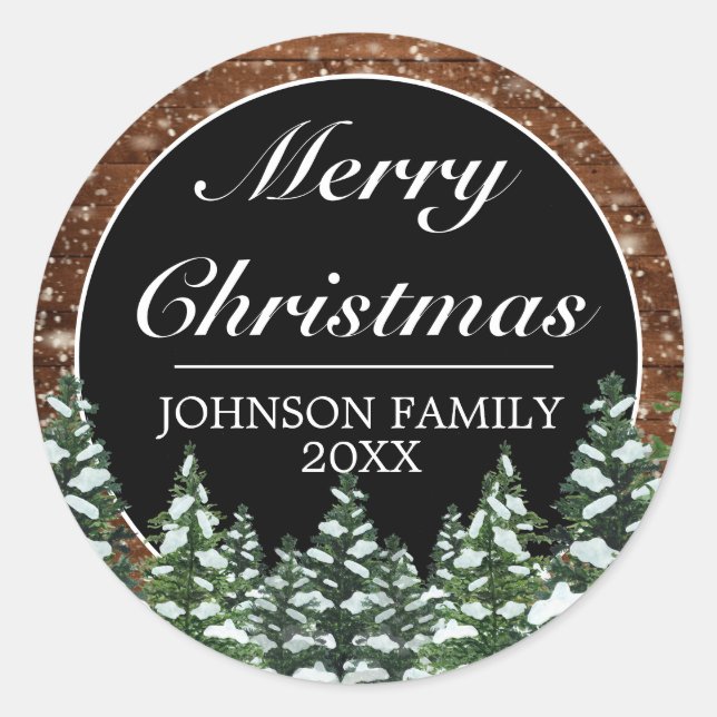 Black Snowy Wood & Forest Pine Merry Christmas Classic Round Sticker (Front)