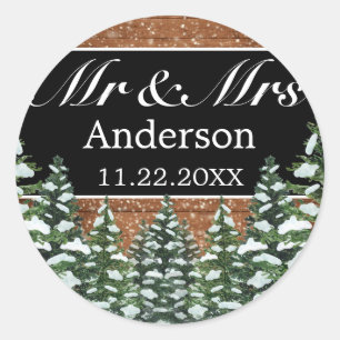 Black Snowy Wood & Forest Pine MR MRS Wedding Classic Round Sticker