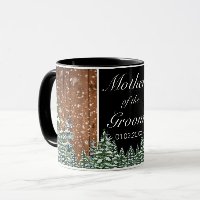 Black Snowy Wood & Forest Pine Parent Wedding Mug (Front Left)