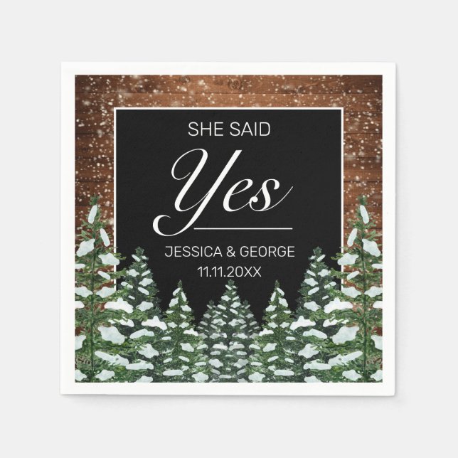 Black Snowy Wood & Forest Pine She Said Yes Napkin (Front)