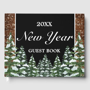 Black Snowy Wood & Forest Pine Snow Flake New Year Guest Book