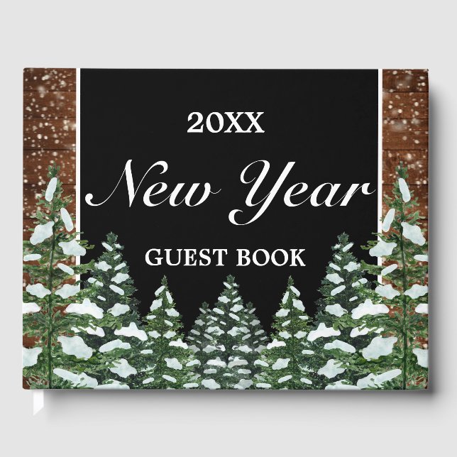 Black Snowy Wood & Forest Pine Snow Flake New Year Guest Book (Front)