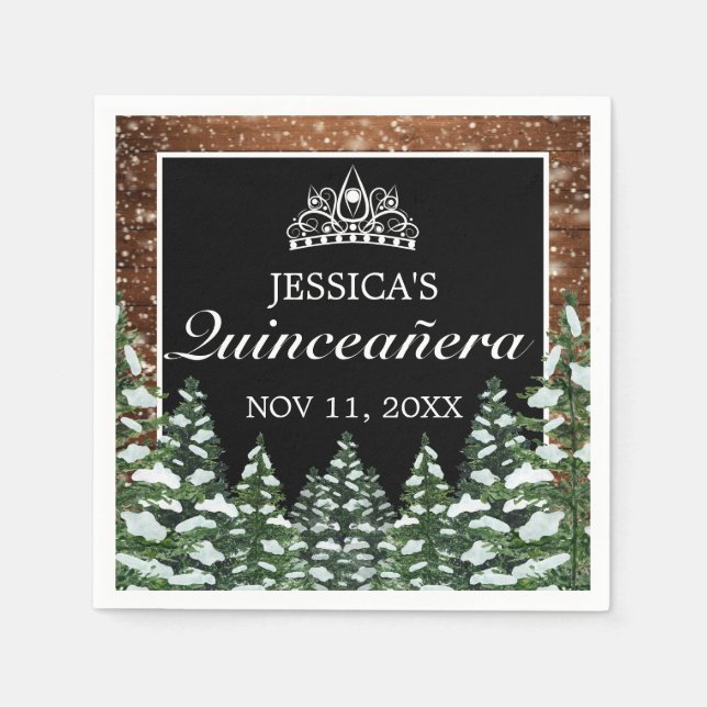 Black Snowy Wood & Forest Pine Tiara Quinceañera Napkin (Front)