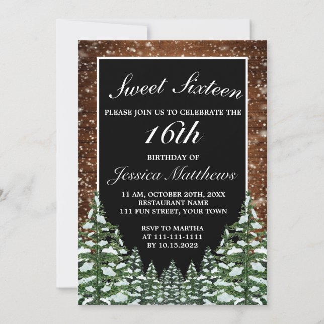 Black Snowy Wood & Forest Pine Tiara Sweet 16 Invitation (Front)